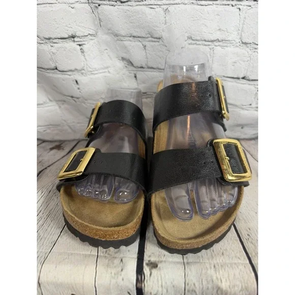 Birkenstock Arizona Big Gold Buckle Sandals Black Leather EU 40 W 9.5 EXCELLENT - Picture 5 of 9